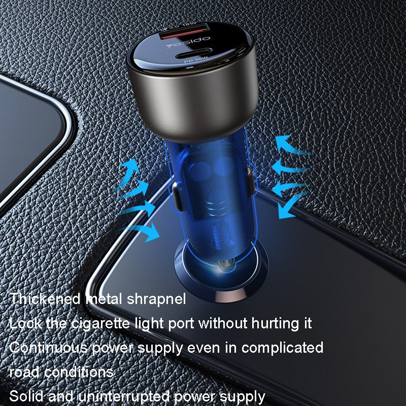 شاحن سيارة Yesido Y52 فائق السرعة بقدرة 48 واط - منفذين (USB + Type-C) بهيكل معدني وتصميم شفاف