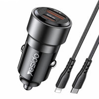 Yesido Y54 60W Dual Fast Car Charger – USB-A + Type-C PD Ports with 20W Lightning Cable