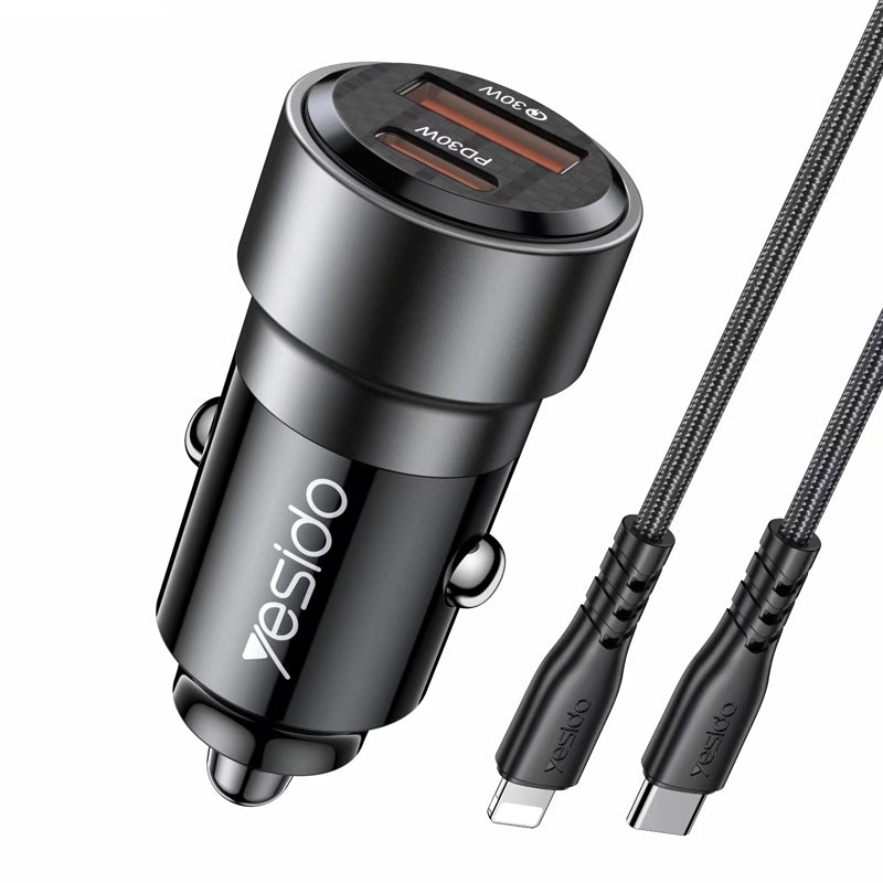 Yesido Y54 60W Dual Fast Car Charger – USB-A + Type-C PD Ports with 20W Lightning Cable