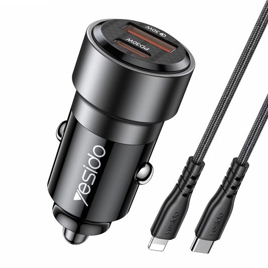 Yesido Y54 60W Dual Fast Car Charger – USB-A + Type-C PD Ports with 20W Lightning Cable