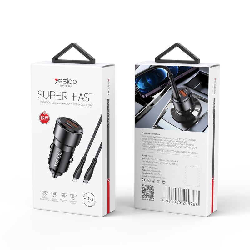 Yesido Y54 60W Dual Fast Car Charger – USB-A + Type-C PD Ports with 20W Lightning Cable