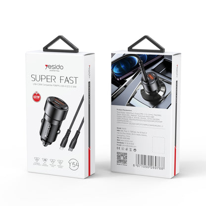 Yesido Y54 60W Dual Fast Car Charger – USB-A + Type-C PD Ports with 20W Lightning Cable