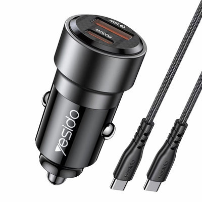 Yesido Y55 60W Dual Fast Car Charger – USB-A + Type-C PD Ports with Dual Type-C Cable