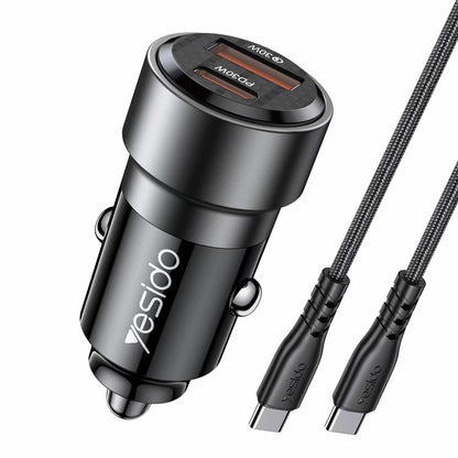 Yesido Y55 60W Dual Fast Car Charger – USB-A + Type-C PD Ports with Dual Type-C Cable