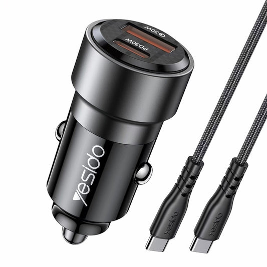 شاحن سيارة Yesido Y55 المتطور بقدرة 60 واط - منفذين للشحن السريع (USB + Type-C) مع كابل Type-C مزدوج