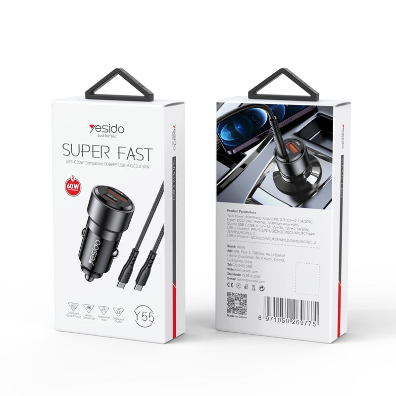 Yesido Y55 60W Dual Fast Car Charger – USB-A + Type-C PD Ports with Dual Type-C Cable