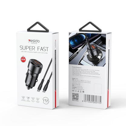 Yesido Y55 60W Dual Fast Car Charger – USB-A + Type-C PD Ports with Dual Type-C Cable