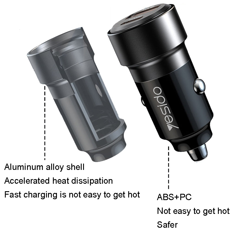 Yesido Y54 60W Dual Fast Car Charger – USB-A + Type-C PD Ports with 20W Lightning Cable