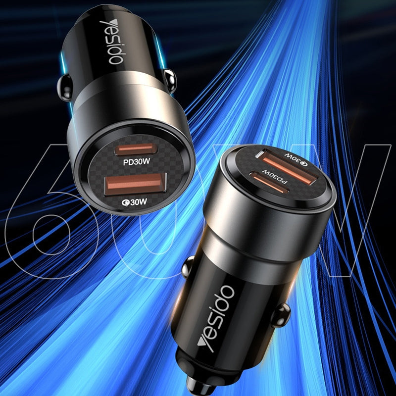 Yesido Y54 60W Dual Fast Car Charger – USB-A + Type-C PD Ports with 20W Lightning Cable
