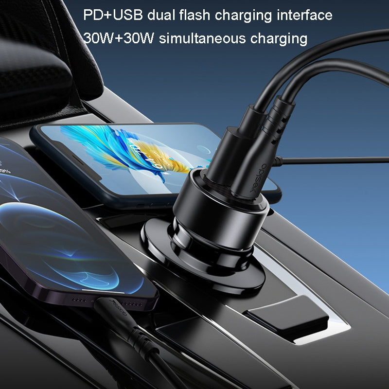 Yesido Y54 60W Dual Fast Car Charger – USB-A + Type-C PD Ports with 20W Lightning Cable