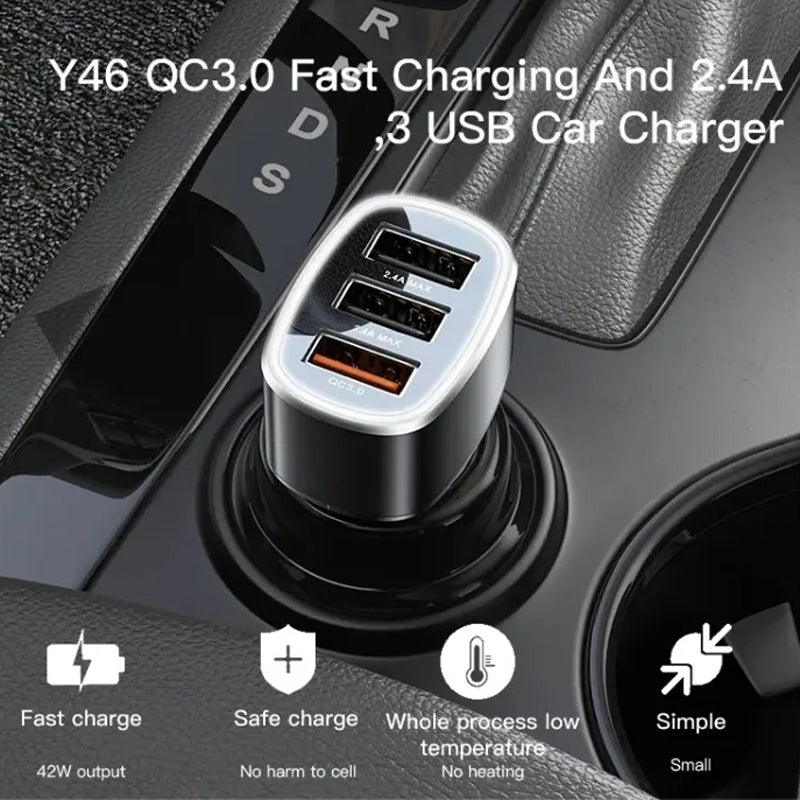 شاحن سيارة Yesido Y46 السريع بقدرة 42 واط - مزود بـ 3 منافذ USB لدعم الشحن المتعدد