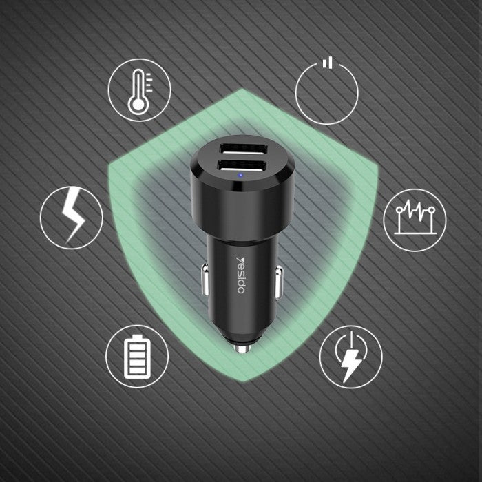Yesido Y34 Compact Car Charger – Dual USB Ports 2.4A with Aluminum Alloy Shell