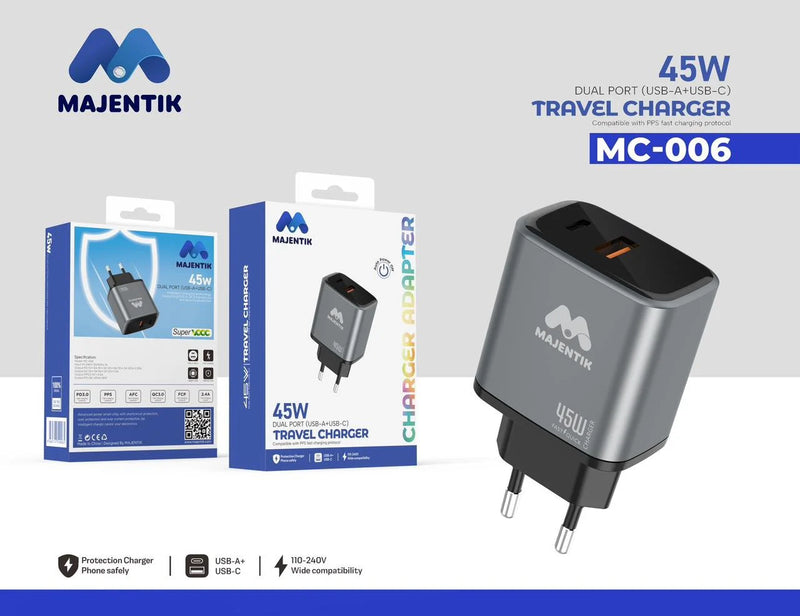 Majentik MC-006 45W GaN Fast Charger – Dual Port USB & PD Compact Wall Charger