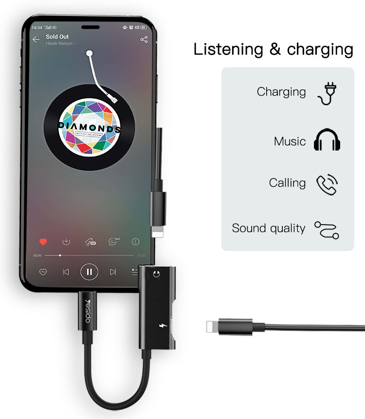 Yesido YAU11 2-in-1 Lightning & 3.5mm Audio Adapter