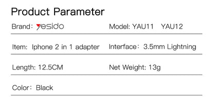 Yesido YAU11 2-in-1 Lightning & 3.5mm Audio Adapter