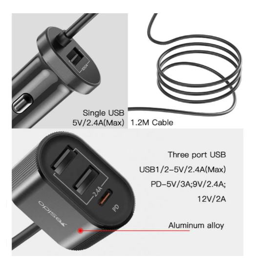 Yesido Y41 Multi-Port Car Charger – 4 Interfaces with Type-C PD & Smart USB Ports