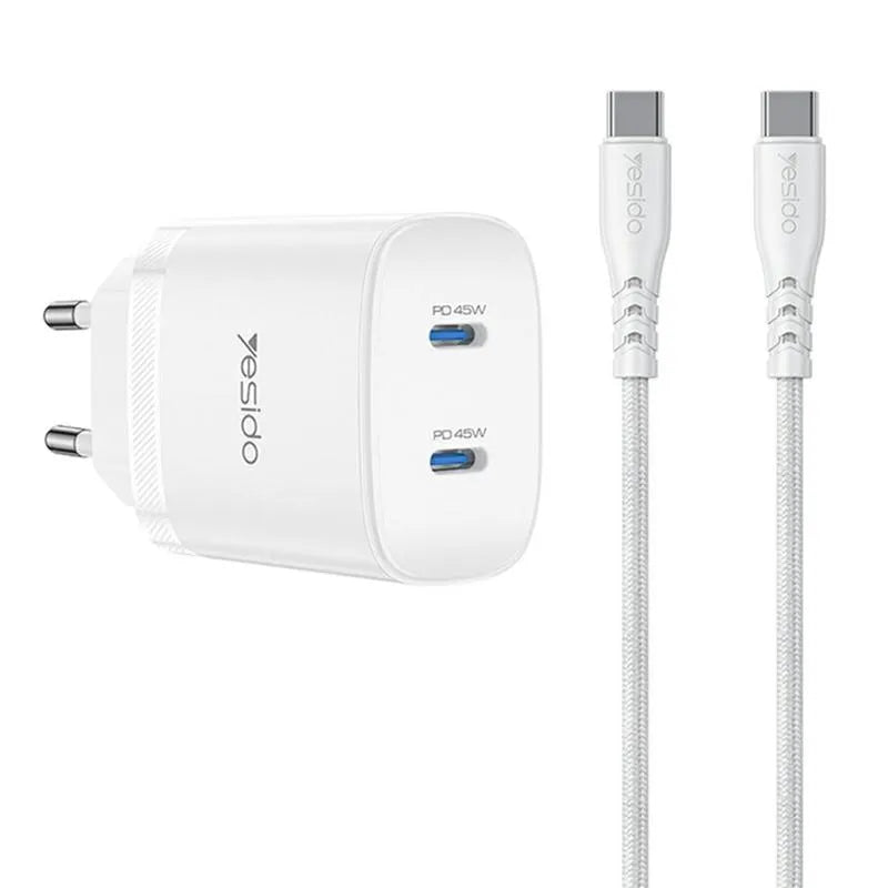 Yesido YC109 45W Dual USB-C PD Fast Wall Charger – Dual Port with Type-C to Type-C Cable