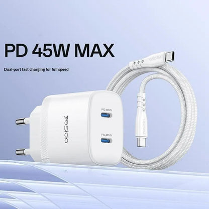 شاحن جداري سريع Yesido YC108 بقوة 35 واط - منفذ PD ومنفذ USB-A مع كابل Type-C to Type-C