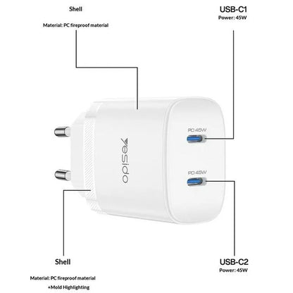 شاحن جداري سريع Yesido YC108 بقوة 35 واط - منفذ PD ومنفذ USB-A مع كابل Type-C to Type-C