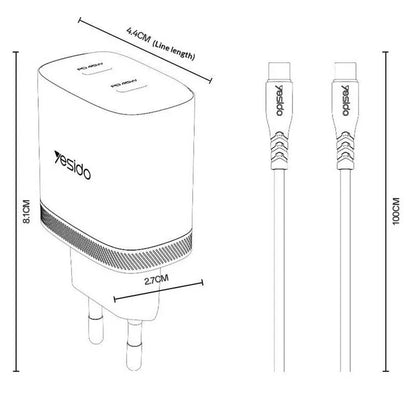 شاحن جداري سريع Yesido YC108 بقوة 35 واط - منفذ PD ومنفذ USB-A مع كابل Type-C to Type-C