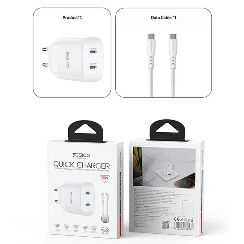 شاحن جداري سريع Yesido YC108 بقوة 35 واط - منفذ PD ومنفذ USB-A مع كابل Type-C to Type-C