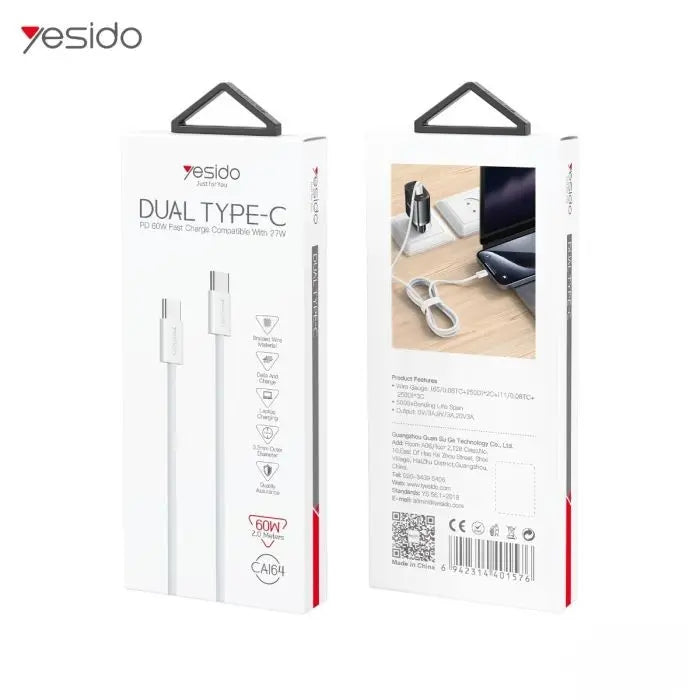 كابل يسيدو Yesido CA175 (Type-C إلى Type-C) بقوة 60 واط وطول 1 متر - أداء مستقر