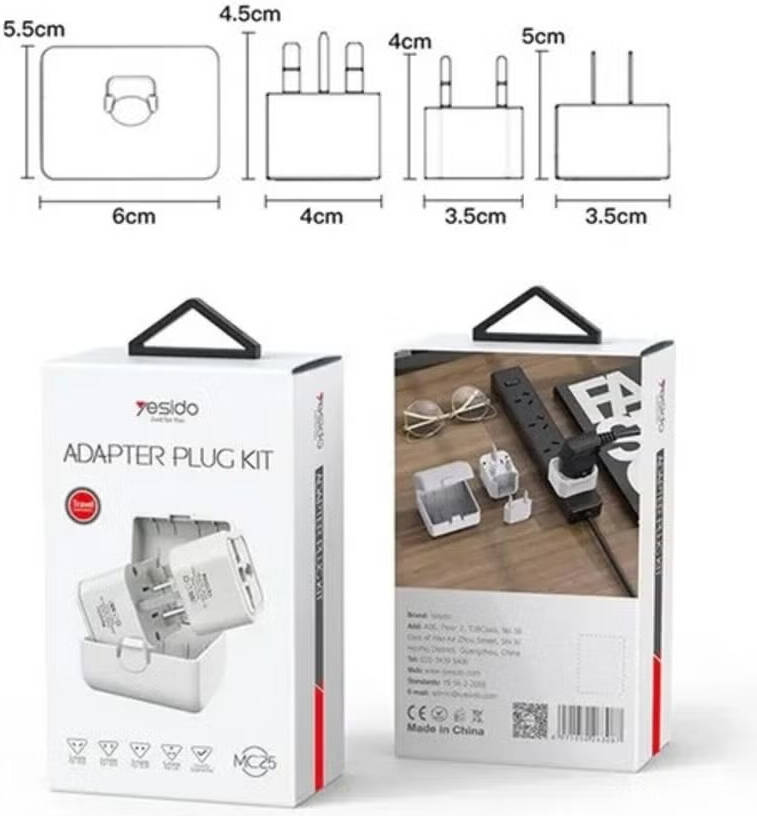Yesido MC25 Universal Travel Adapter Kit – All-in-One Converter for CN, US, EU, and UK Plugs