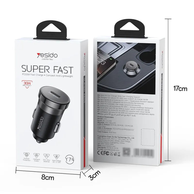 Yesido Y74 30W Fast Car Charger – High-Performance Type-C PD Port (Zinc Alloy Design)
