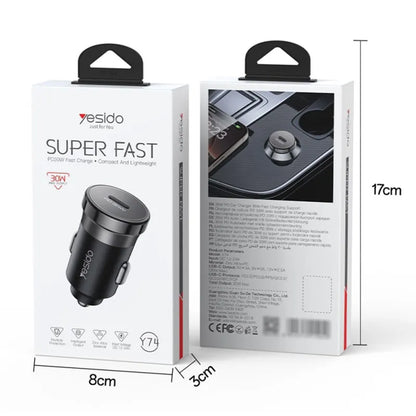 Yesido Y74 30W Fast Car Charger – High-Performance Type-C PD Port (Zinc Alloy Design)