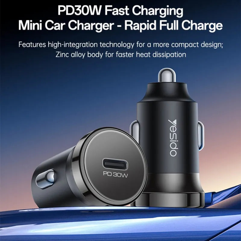 Yesido Y74 30W Fast Car Charger – High-Performance Type-C PD Port (Zinc Alloy Design)