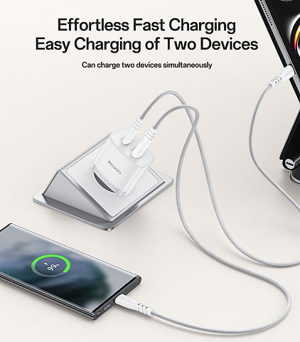 شاحن جداري سريع Yesido YC110 بقوة 45 واط - منفذ PD ومنفذ QC مع كابل Type-C to Type-C