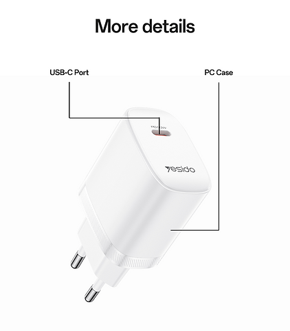 شاحن Yesido YC105 السريع بقوة 20 واط - منفذ Type-C PD مع كابل Type-C to Type-C
