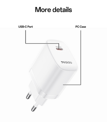 شاحن Yesido YC105 السريع بقوة 20 واط - منفذ Type-C PD مع كابل Type-C to Type-C