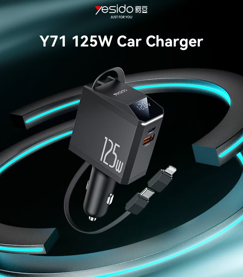 Yesido Y71 125W High-Power Car Charger – 3-in-1 Design with Retractable Type-C & Lightning Cables