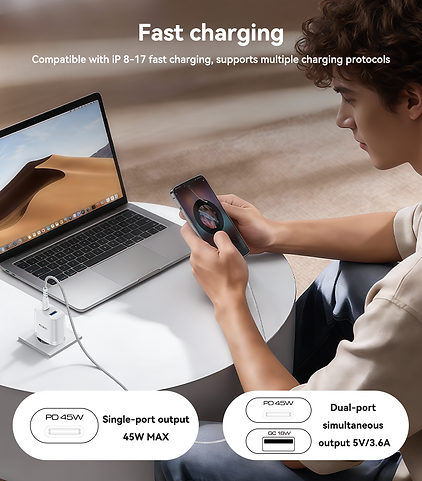 شاحن جداري سريع Yesido YC110 بقوة 45 واط - منفذ PD ومنفذ QC مع كابل Type-C to Type-C