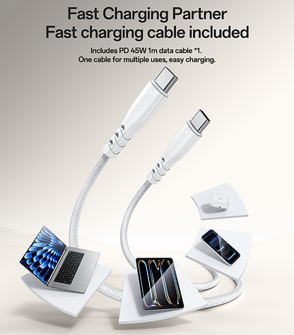 شاحن جداري سريع Yesido YC110 بقوة 45 واط - منفذ PD ومنفذ QC مع كابل Type-C to Type-C