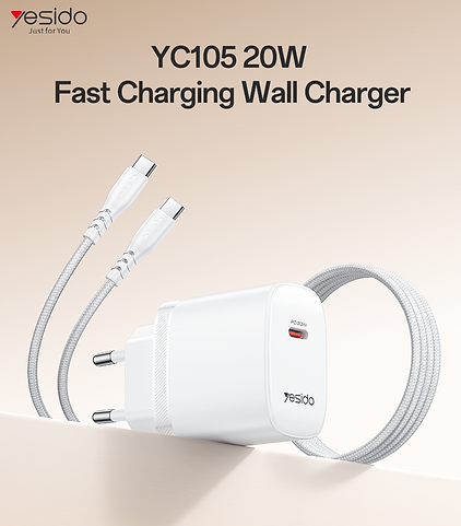 شاحن Yesido YC105 السريع بقوة 20 واط - منفذ Type-C PD مع كابل Type-C to Type-C