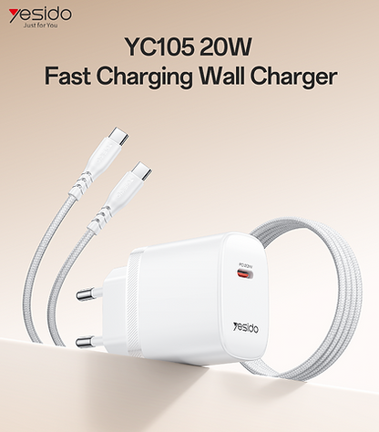 شاحن Yesido YC105 السريع بقوة 20 واط - منفذ Type-C PD مع كابل Type-C to Type-C