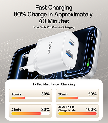 شاحن جداري سريع Yesido YC110 بقوة 45 واط - منفذ PD ومنفذ QC مع كابل Type-C to Type-C