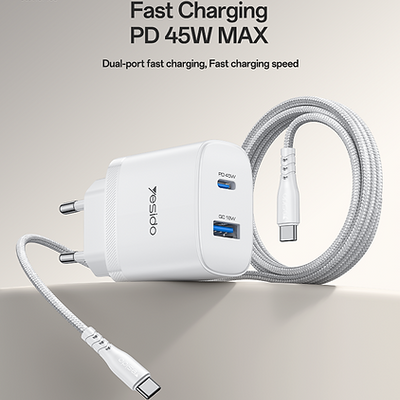Yesido YC110 45W Dual Port Fast Wall Charger – 45W PD + 18W QC with Type-C to Type-C Cable
