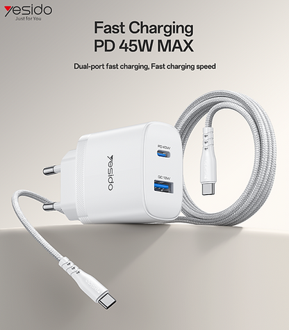 شاحن جداري سريع Yesido YC110 بقوة 45 واط - منفذ PD ومنفذ QC مع كابل Type-C to Type-C