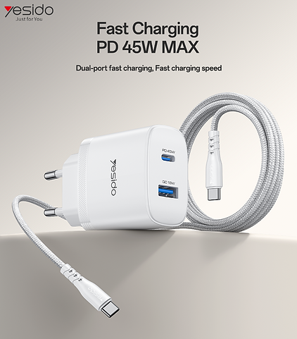 Yesido YC110 45W Dual Port Fast Wall Charger – 45W PD + 18W QC with Type-C to Type-C Cable