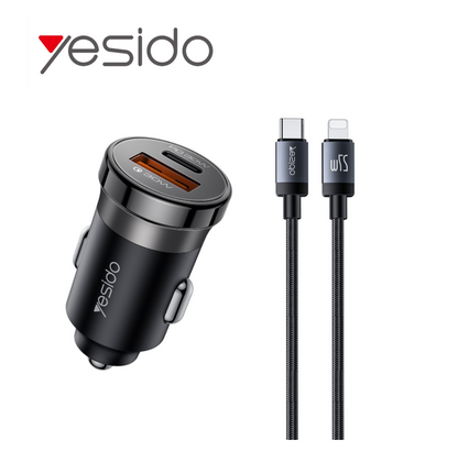 طقم شحن السيارة Yesido Y73 بقوة 30 واط - منفذين (USB + Type-C) مع كابل Type-C to Lightning