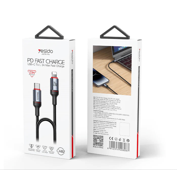 Yesido CA182 Type-C to Lightning PD 27W Fast Charging Data Cable – 1.2m Heavy-Duty 48-Braided Yarn Wire with Aluminum Alloy Shell & 3A Max Output