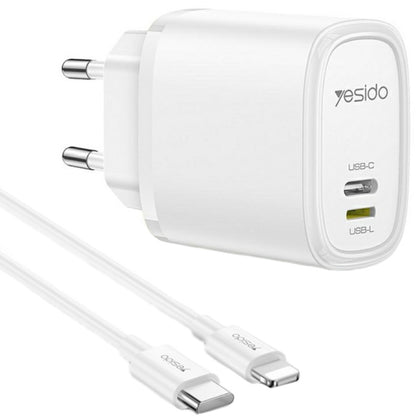 شاحن سفر Yesido YC71 بقوة 12 واط - منفذين مع كابل Type-C to Lightning بطول 1 متر
